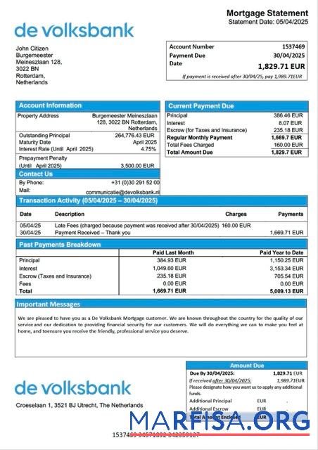 Blank Netherlands De Volksbank mortgage statement Word and PDF template